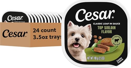 Image of Cesar Classic Loaf in Sauce Wet Dog Food, Top Sirloin, 3.5 oz, 24 Count | Made in USA, Real beef #1 ingredient, no fillers or artificial flavors, 100% complete & balanced, easy peel trays