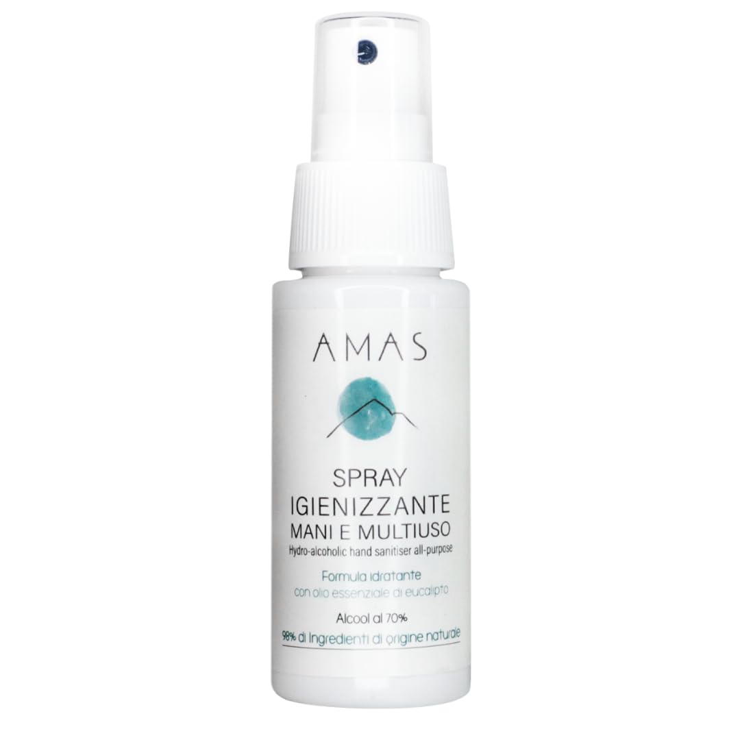 AMAS Spray Igienizzante Mani e Multiuso 98% Origine Naturale Alcool 70% Olio Essenziale di Eucalipto 50 ml