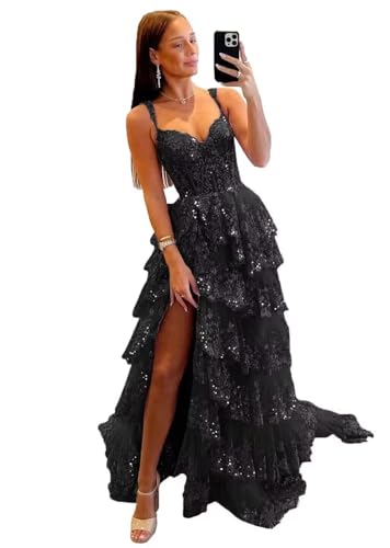 Tiered Tulle Prom Dresses 2025 Long Lace Appliques Off Shoulder Formal Party Gowns with Slit