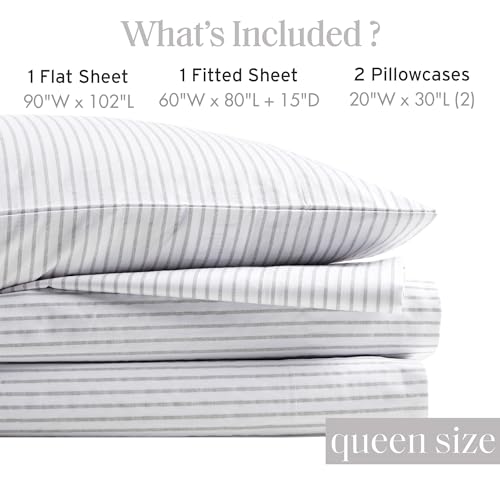 Image of Madison Park 100% Cotton Sheets, Queen Size, 200TC, Grey Stripe, 4 Piece