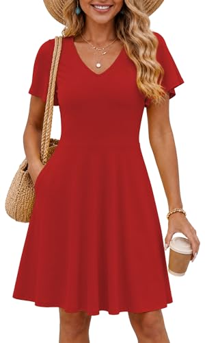 Image of COSSEN Women's Casual T Shirt Dress V-Neck Short Sleeves Swing Dresses Birthday Party Summer Travel Beach with Pocket