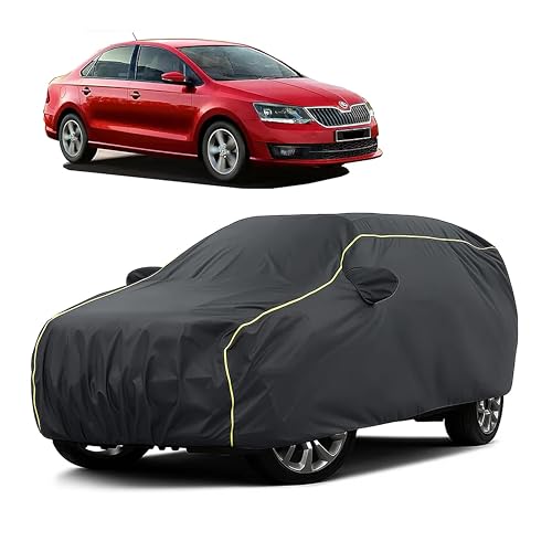Image of Sulfar 100% Water Resistant Car Body Cover Compatible with Mirror for Skoda Rapid (Triple Stitched, Full Bottom Elastic, Dark Grey Taffeta with Yellow Piping)