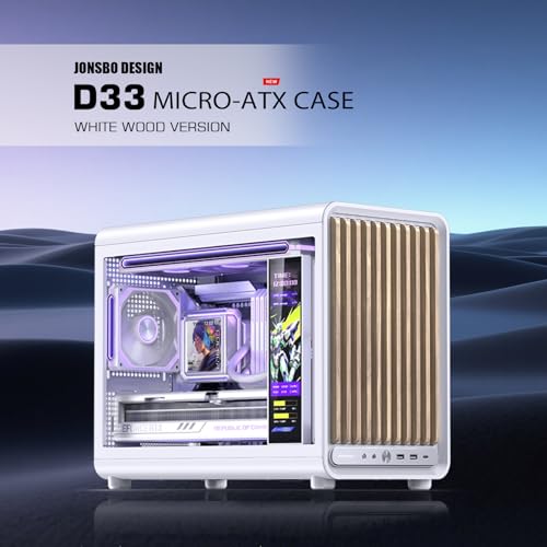 Image of JONSBO D33 Wood White Micro ATX PC Case,High Airflow MATX case with Tempered Glass Panel,9 Fan Positions,High Compatibility,Supports MATX BTF MB, 435mm GPU /360AIO /172mm Air Cooler,ATX /SFX PSU,Wood