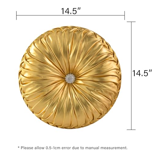 Image of HIG Set of 2 Handcrafted Gold Ruched Round Throw Pillows - 14.5'' Metallic Leather Decorative Pillows with Soft Polyester Filling for Couch, Bed, Living Room, Bedroom, or Dorm