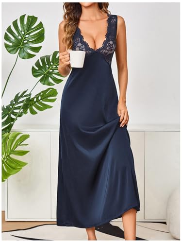 Image of WDIRARA Women's Satin Sleepwear Nightgown | Lace, Backless, Deep V Neck, Sleeveless, Long