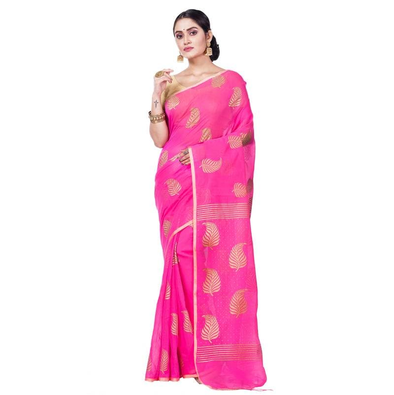 Printed Handloom Cotton Silk Saree (Gold, Yellow) (Pink)-picture-31