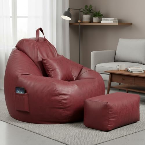 Image of KAM'S LIEU 5XL Premium Imported Suede Bean Bag Chair with Footrest & Cushion | Filled with High Density Polystyrene Beans | Premium Soft Fabric | Ready to Use Color- (Maroon, 5XL)