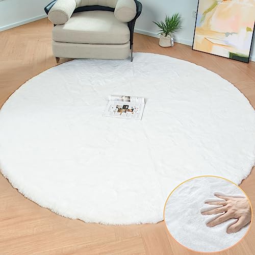 White Fluffy Round Rug 5ft for Bedroom Circle Faux Rabbit Washable Fur Area Rugs for Living Room Nursery Rug