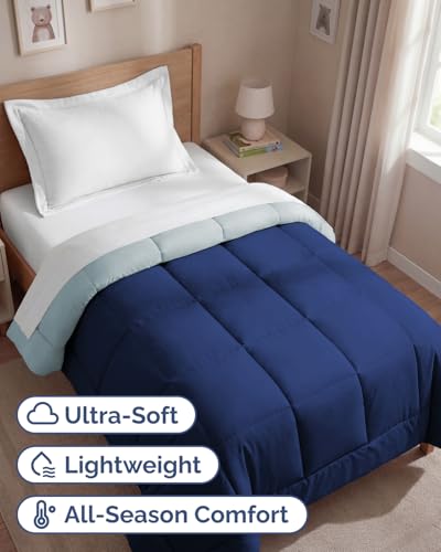 Image of Twin Size, Navy Blue /SkyBlue Alternative Down Comforter - Warm, Lightweight & Breathable Hotel Quality Bedding Set for Men, Women, Kids & Teens - All Season Cooling Microfiber Duvet Insert Comforter