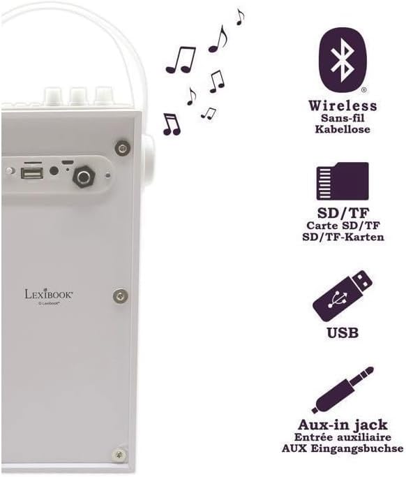 Lexibook iParty - Portable Bluetooth Light Speaker with Microphone, Light Effects, Karaoke, Wireless, USB, SD Card, Rechargeable Battery, White, BTP180Z