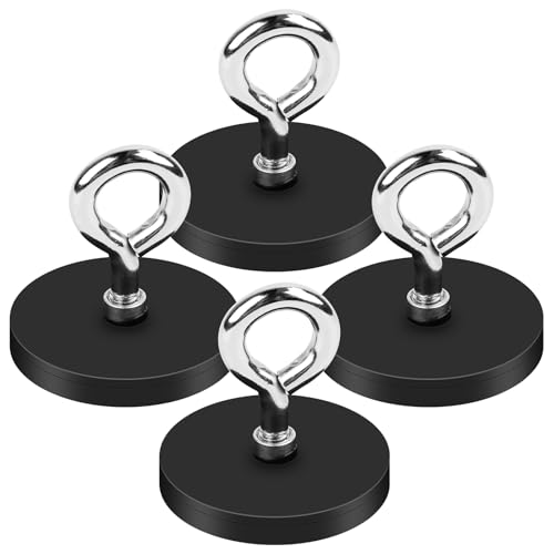 Lot de 4 aimants ronds en néodyme puissants avec anneau de suspension M6, 43 mm, à visser, avec trou, aimants caoutchoutés, filetage extérieur