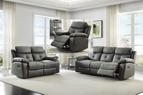 SC Furniture Ltd DARK GREY Leather Manual Reclining 3 Seater Sofa + 2 Seater + Recliner Armchair Leather Sofa Suite CHICAGO