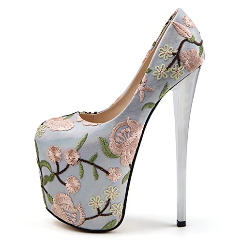 Vujkliy Embroidered High Heels Round Toe Platform Stiletto Heel Pump Flower Color Blocking Lace Shoes Sexy 19 Cm/7.4 in Large Size Men's and Women's Shoes