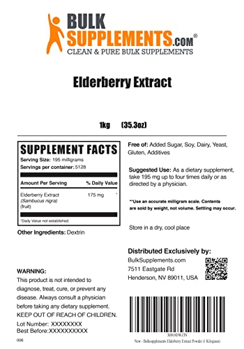Bulksupplements.com Elderberry Extract Powder - Elderberry Supplements, For Immune Support - 175Mg Of Black Elderberry Extract Per Serving, Gluten Free & Sugar Free (1 Kilogram - 2.2 Lbs) #TOP1