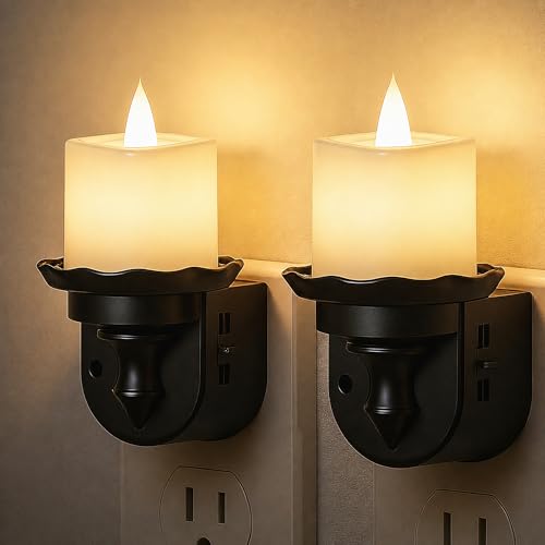 Image of L LOHAS LED Flameless Candle Night Light, Flicker Night Lights Plug into Wall 2 Pack, Soft White Candle Nightlight with Light Sensor, Dimmable LED Flickering Nightlights for Kids Hallway Bathroom
