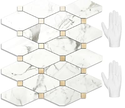 STICKGOO 10 Sheets Peel and Stick Backsplash Tile, Polished Carrara White Marble Look Stick on Backsplash for Kitchen Wall and Bathroom, Glossy Waterproof Self Adhesive Wall Tiles