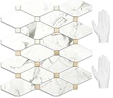STICKGOO 10 Sheets Peel and Stick Backsplash Tile, Polished Carrara White Marble Look Stick on Backsplash for Kitchen Wall and Bathroom, Glossy Waterproof Self Adhesive Wall Tiles