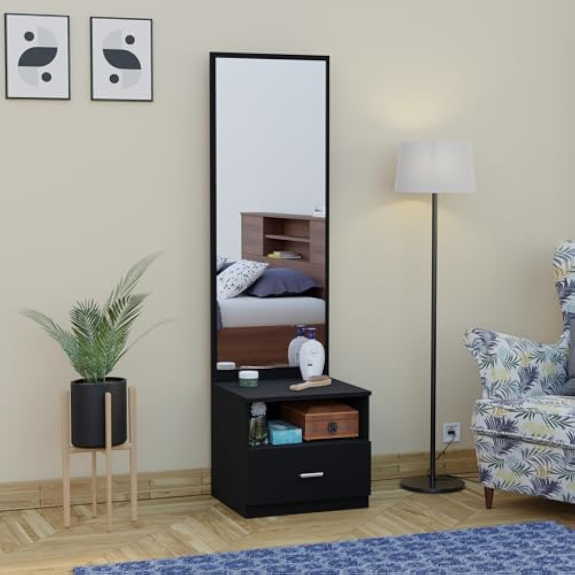 Wooden Dressing Table with Mirror, Classic Black
