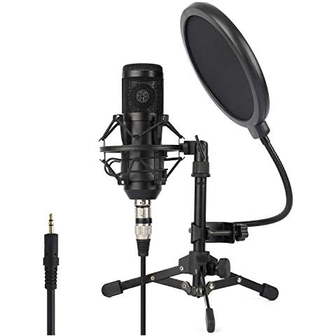 ZINGYOU Condenser Microphone ZY-801+, Professional Studio Microphone include Sound Card, Desktop Cardioid Condenser Mic, PC Recording and Broadcasting (Matte Black) Cover