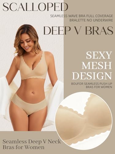 Image of Seamless Wavy Bra Wireless Jelly Bralette Low Cut Deep V Neck Bras | Adjustable Straps, Sexy Plunge Bra, Removable Pads, High Elastic Fabric, Scalloped Edges, Deep V Bras for Women No Underwire