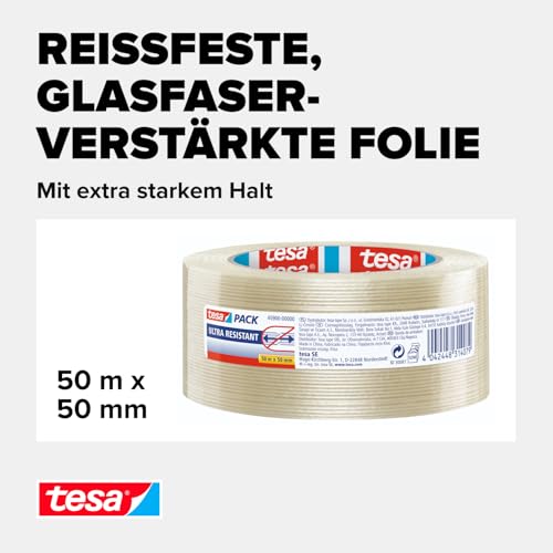tesapack Ultra Resistant Filamentband - Ultra starkes Premium-Klebeband, glasfaserverstärkt - für schwere Kartons bis zu 30 kg und zur Transportsicherung - 50 m x 50 mm - Transparent