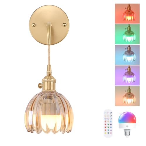 Image of Shenmoyl Battery Operated Wall Sconce with Amber Tulip Shade Pattern Glass Adjustable Chain Retro Gold Wall Mounted Light, Modern Wall Lamp Fixtures Decor for Bedside Bedroom Indoor Doorway