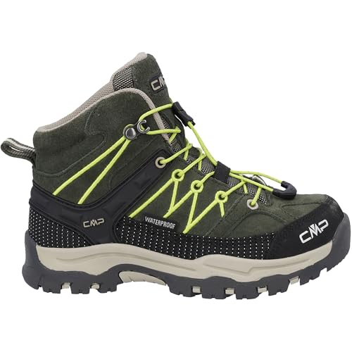 CMP Kids Rigel Mid Botas de trekking impermeables, color verde con amarillo neón, ante, membrana CLIMA PROTECT, cordones rápidos, suela FullOn Grip, Verde oscuro con amarillo neón, 28 EU