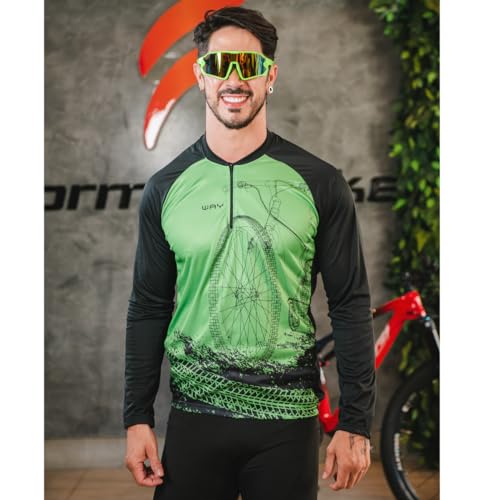 Conjunto de Ciclismo Masculino Camisa Manga Longa Verde + Calça Acolchoada Forro GEL Bike Roupa Cicl