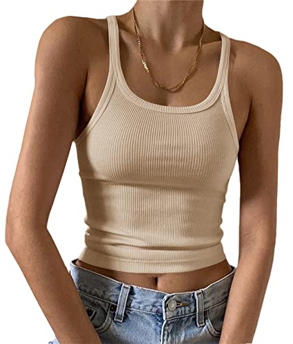 Artfish Women's Sleeveless Tank Top Form Fitting Scoop Neck Ribbed Knit Basic Oatmeal Color Cami Tight Fitted Beige Tan S #TOP30