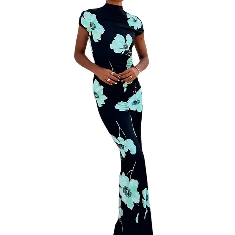 Image of Womens Sexy Maxi Dress Long Sleeve Ruched Bodycon Turtleneck Club Party Casual Wedding Dresses