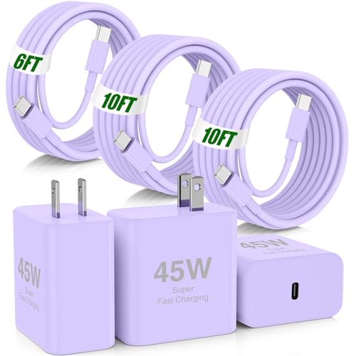 Image of 45W iPhone 17 16 Pro Max Charger Fast Charging,3Pack USB C Fast Charger Block with Long 10 /10 /6FT C to C Cable for Apple 17 Pro Max /16 Pro /15 /iPad 13th,PD Quick Adapter 3.2 for iPhone 17-Purple