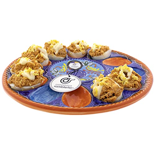 CERÁMICA RAMBLEÑA | Huevera | Plato huevos rellenos | Bandeja cerámica | Huevos rellenos | Huevos plato | Huevera amazon | Plato huevos modelo - M02 | Decoración 100% hecho a mano | 26x26x2.5 cm