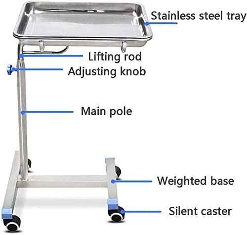Carrello per strumenti chirurgici – vassoio mobile rimovibile in acciaio inox, altezza regolabile con coperchio piatto per attrezzature e forniture