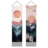 SUPERDANT Tapiz moderno de bosque de montaña para colgar en la pared con flecos verticales largos, con barras y cuerdas para dormitorio, salón, pasillo, oficina, decoración 45.6 x 13 pulgadas