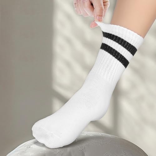 3 Pairs Striped Trim Casual Crew Socks, White Casual Athletic Socks Vintage Retro Gym Running Socks for Women Men4