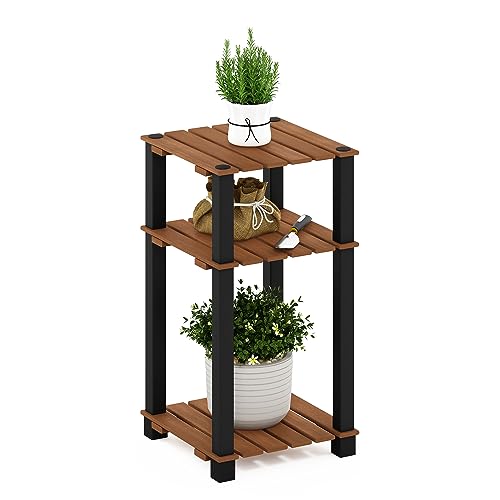 Furinno Pangkor 3-Tier Turn-N-Tube Indoor Outdoor Plant Shelf Wood Side Table with Square Poles, Natural/Black