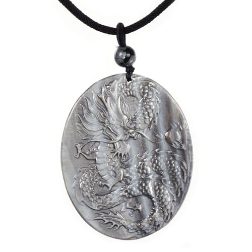 Justinstones Dyed Gray MOP Shell Oval Pendant Cameo Dragon Totem Guardian Pendant Necklace