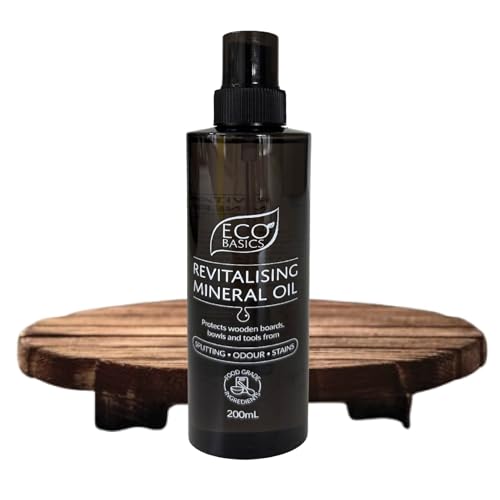 Eco Basics Food-Grade Mineral Oil with Spray Nozzle – 200ml Prevents Splitting, Stains & Odours, cutting chopping board, Wooden Bamboo Kitchenware Natural Finish Non-Toxic Odour-Free