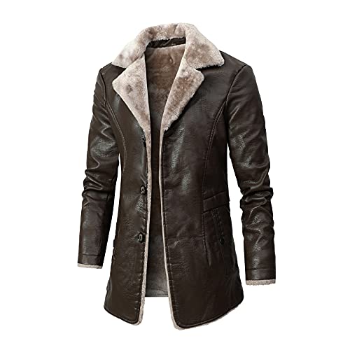 Rayiisuy Men Faux Leather Jacket Thick Faux Fur Shearling Lapel Collar Botton Down Long Trench Coats Black Brown (Brown, L) XY-80818