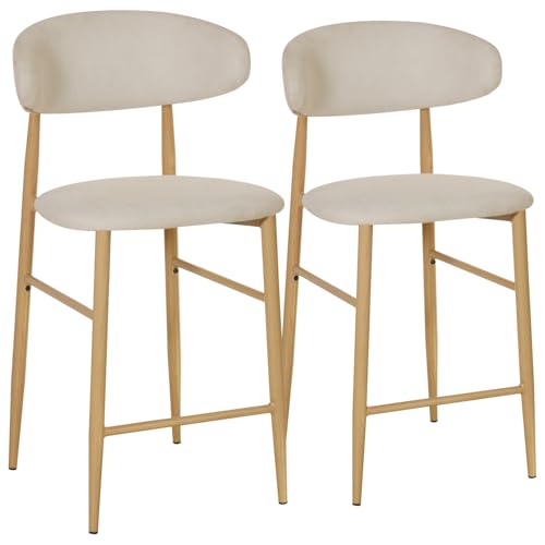 Happy Garden Lot de 2 tabourets de Bar Simon Beige avec Repose-Pieds, Rembourrage Mousse, Pieds en Acier Effet Bois Clair