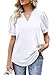 Summer Tops for Women Dressy Casual Short Puffy Sleeve Tunic Shirts Curved Hem V-Neck Tshirts Spring Flattering Blouses Women's Clothes White XXL