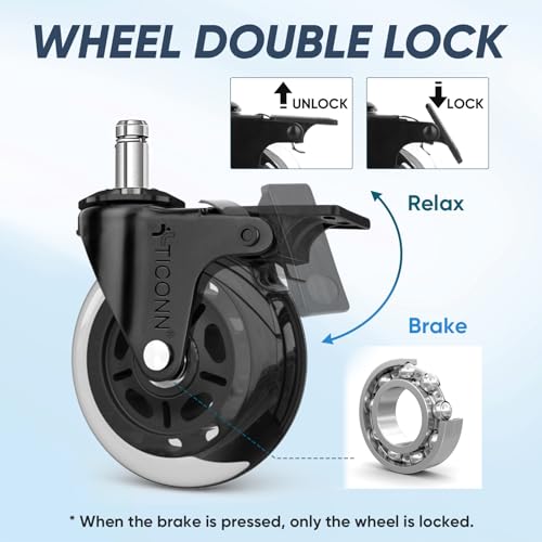 Image of TICONN Office Chair Caster Wheels Set of 5 for Tile, Hardwood Floors and Carpets, Universal Fit for Most Chairs (Transparent with Brake)