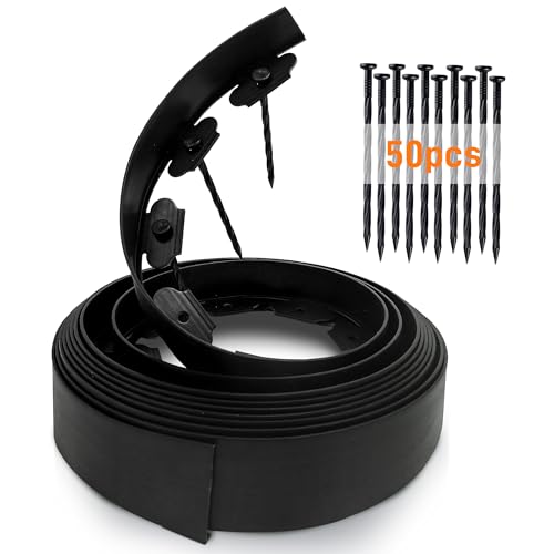 CHEOAR Bordillo de Jardín 10m, Bordillo de Césped Flexible con 50 Piquetes, Altura 10 cm, Bordillo de Plástico para Delimitación de Parterres, Senderos de Jardín y Árboles, Negro