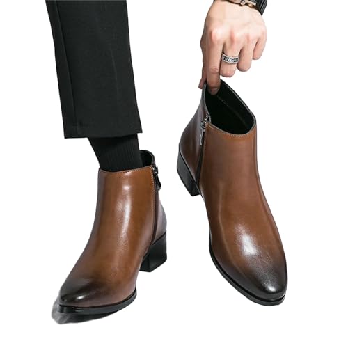 Men's Leather Slip on Dress Chelsea Ankle Boots with Side Zipper Casual Fashion Cowhide Pointed Toe Chunky Heel Oxfords Booties for Formal Events Working Business3