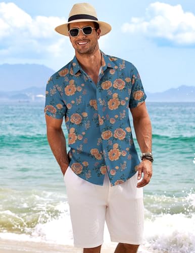 Image of COOFANDY Men's Linen Shirts Short Sleeve Casual Shirts Button Down Shirt for Men Beach Summer Wedding Shirt