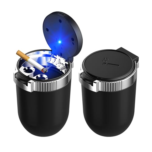 Image of Dickno 2 PCS Car Ashtray with Lid, Detachable Stainless Smokeless Auto Ashtray, Portable Mini Vehicle Trash Can with LED Blue Light, Universal Interior Accessories for Cup Holder (Silver)