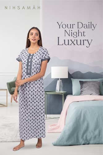 Image of NIHSAMAH Cotton Nighty for Women with Pocket, Premium Printed Long Nighty | Comfortable & Fancy Sleepwear /Nightwear