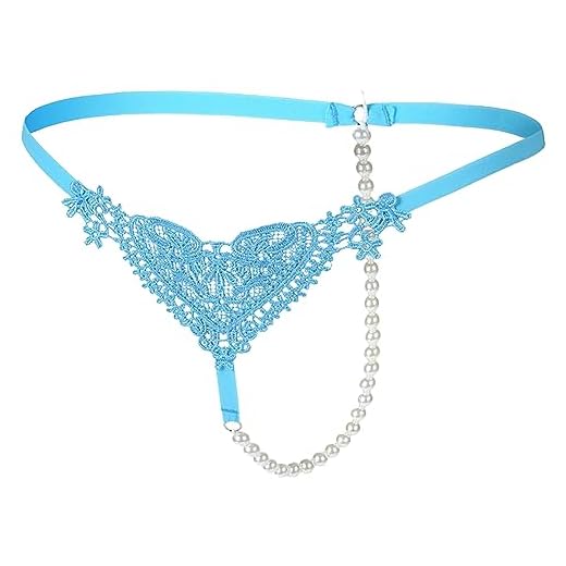 2025 - Bragas tanga de mujer Color sólido con cuentas transparentes de cintura baja encaje bordado corazón ropa interior mujer tanga, azul celeste, talla única