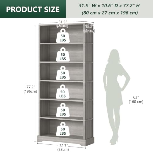 Image of TVU 6-Tier Wooden Bookshelf, 77.2 inch Tall Farmhouse Style Open Bookcase, 31.5 inch W Standing Book Shelf with Storage, Suitable for Study, Living Room, Office, Grey