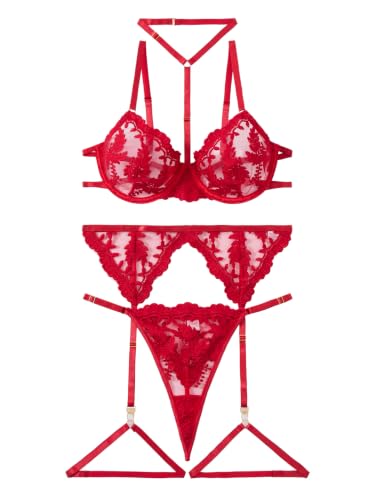 Image of Lilosy Sexy Choker Floral Lace Scallop Sheer Underwire Push Up Garter Belt Lingerie Set 3 Piece